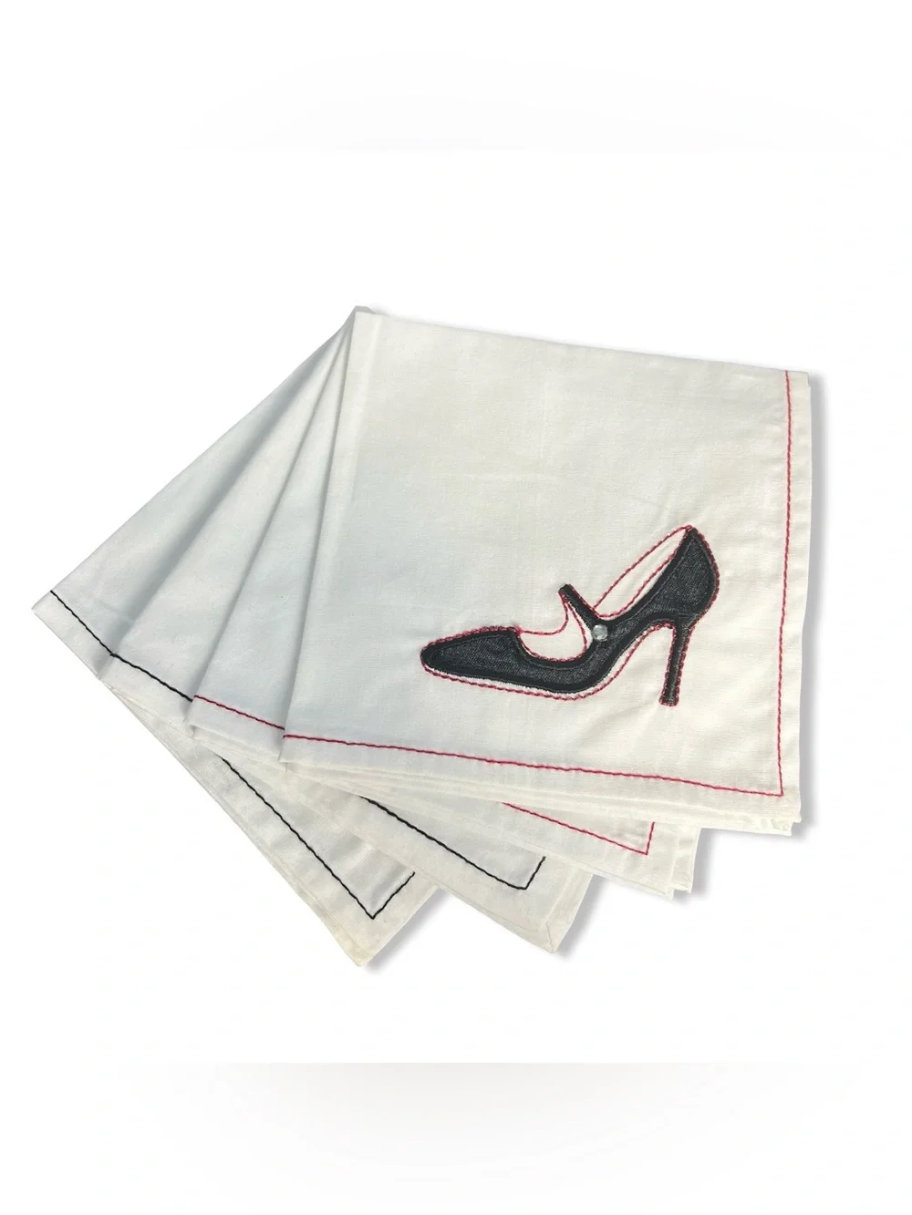 Set Of 4 Embroidered Fashion Motif Cotton Cloth Cocktail Napkins White Black Red